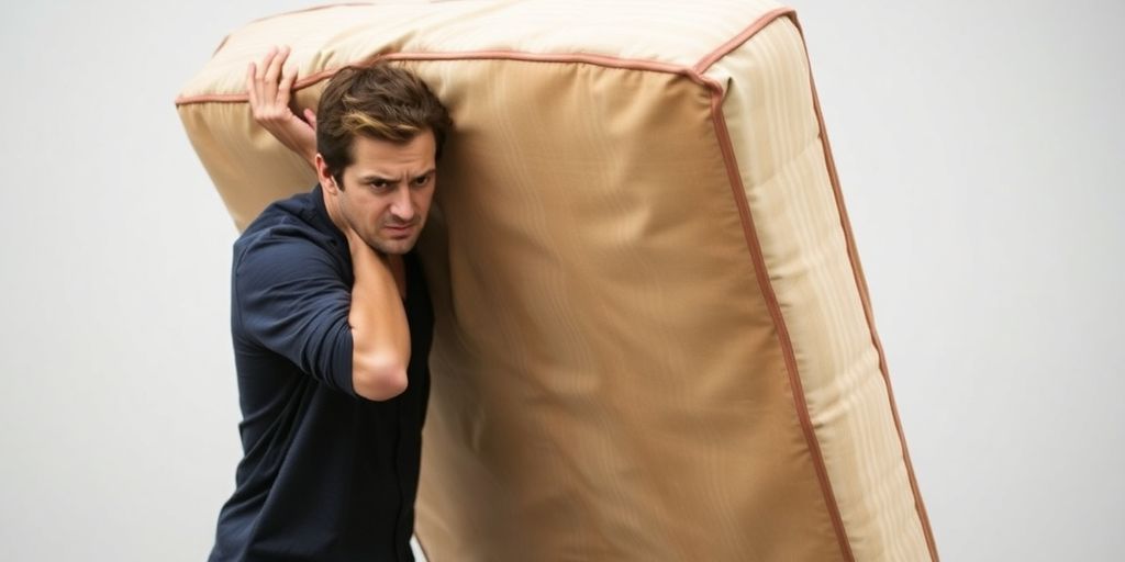 Frustrated person struggling with large, unwanted items.