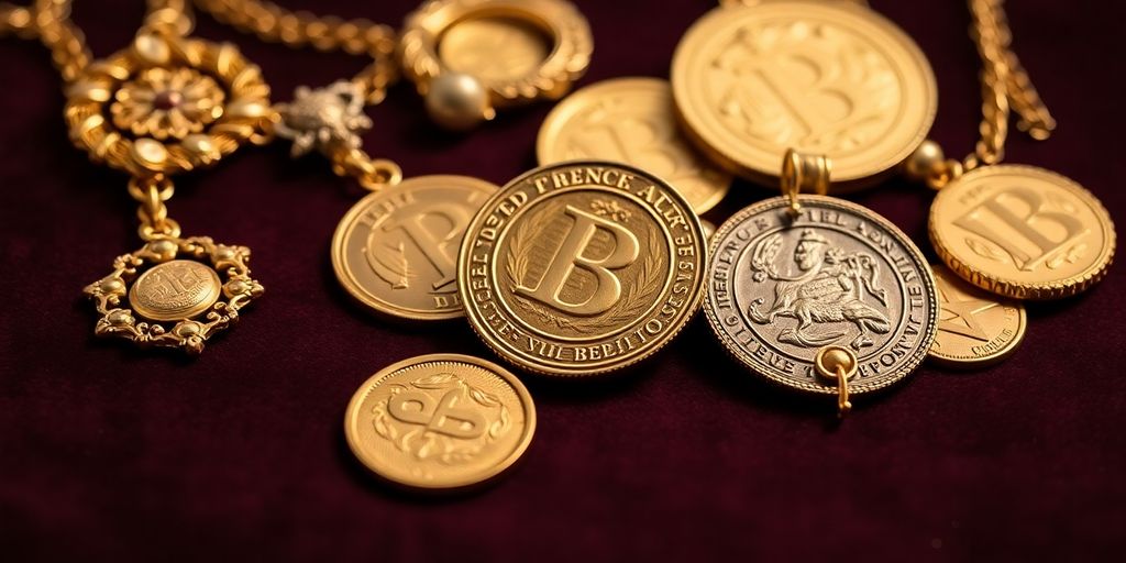 Pièces d'or héritées sur un fond en velours.