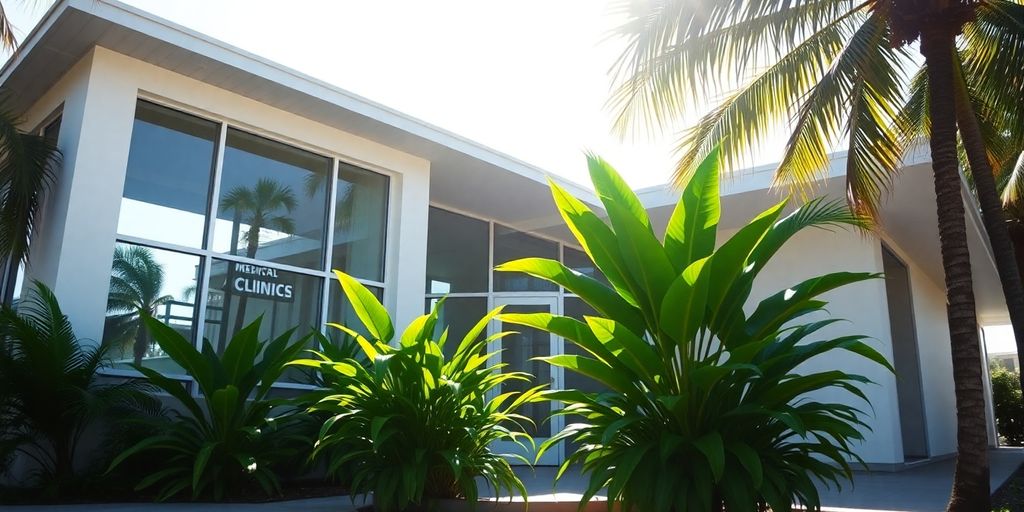 Tropical island clinic exterior.