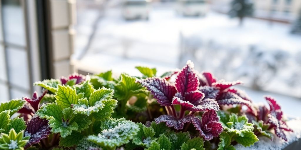 Winterharte Balkonpflanzen, frostbedeckt, auf einem Balkon