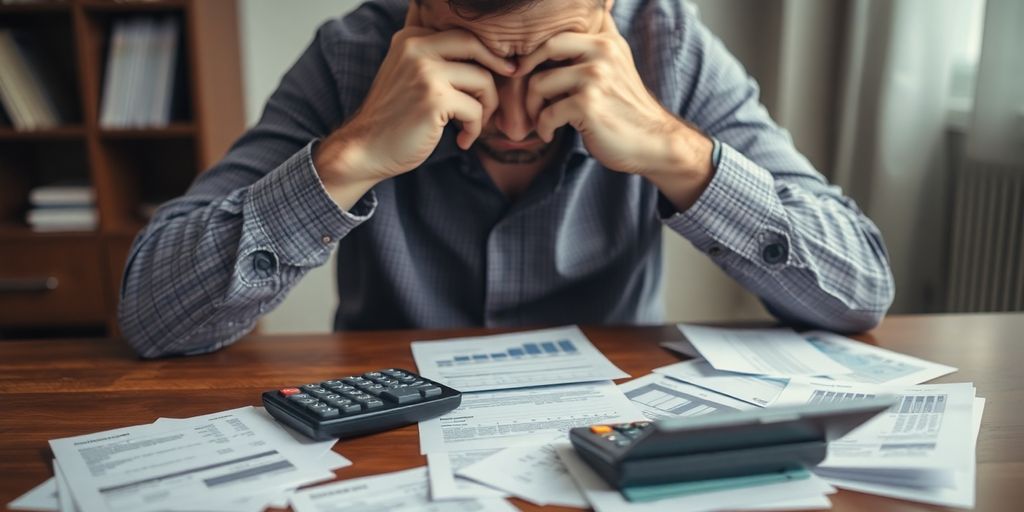 Person préoccupée avec des factures et une calculatrice.