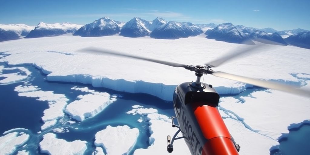 A red helicopter flying low over a vast blue glacier.
