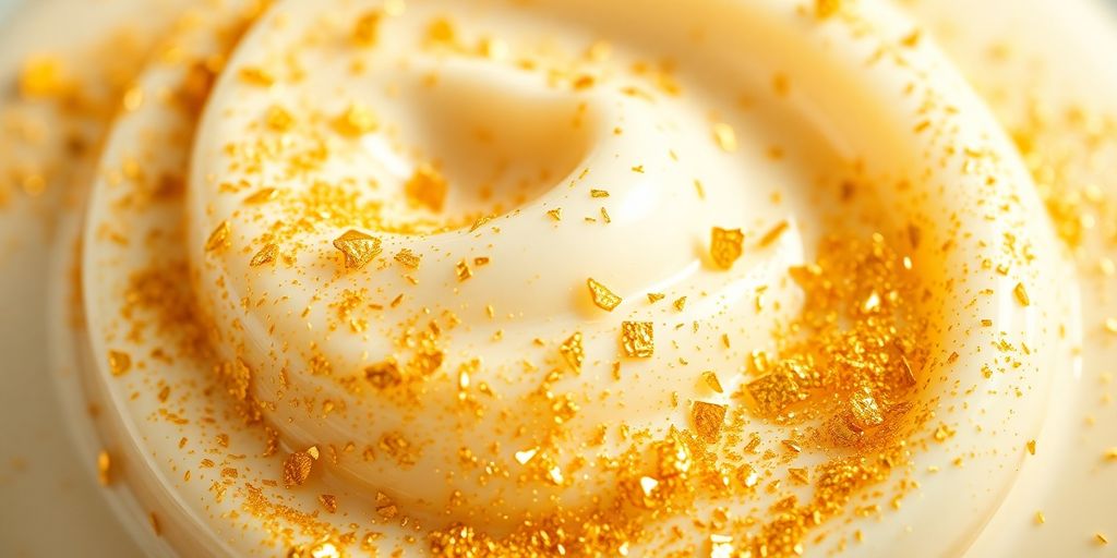 Poudre d'or scintillant sur une crème anti-âge luxueuse.