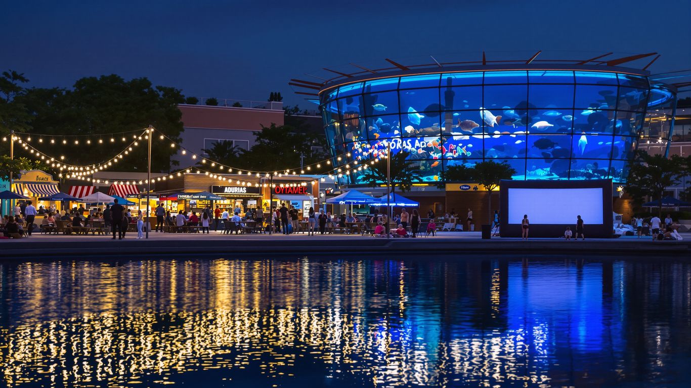 Night market by aquarium; food trucks, band, outdoor movie crowd.
