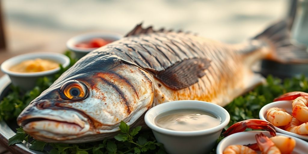 ปลาเผาและอาหารทะเลสดหลากหลาย