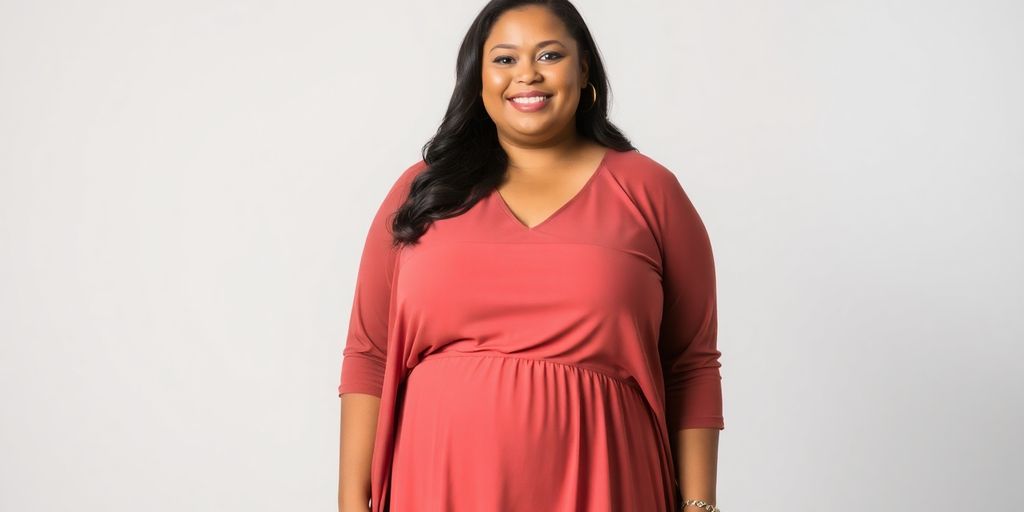Plus size woman in a flattering A-line dress.