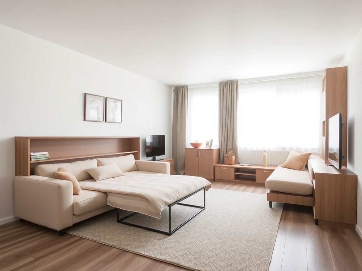 Interior modern cu mobilier transformabil și elemente de decor minimaliste.