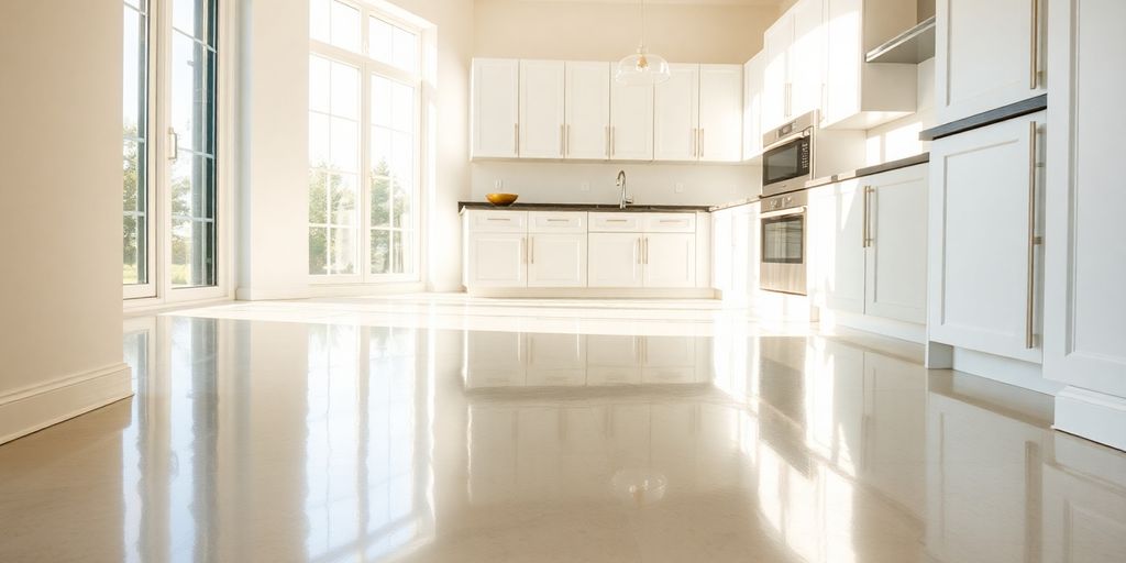 Sleek kitchen, glossy epoxy floor, natural light, modern design.