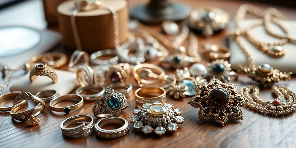 Bijoux anciens sur une table en bois.