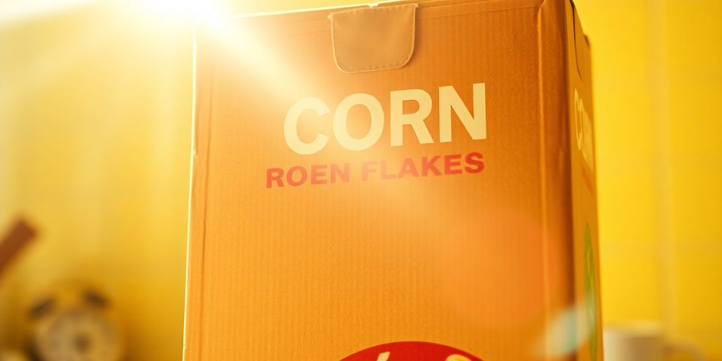 Vintage cornflakes box, bright sunlight.