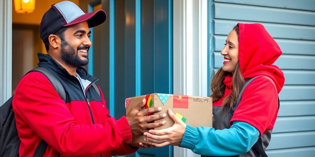 Delivery person handing package to customer.