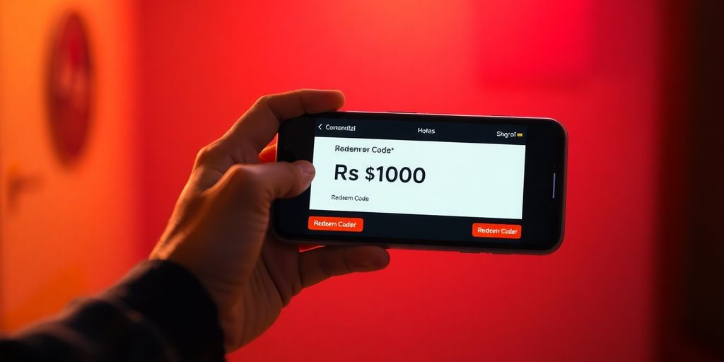 Hand holding a smartphone with a redeem code display.