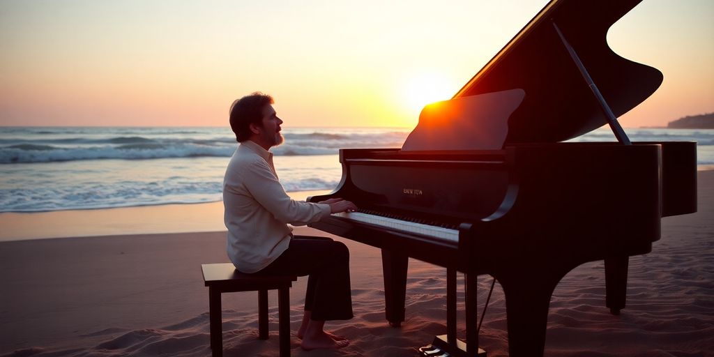 Brian Wilson, piano, beach, sunset, music, iconic.
