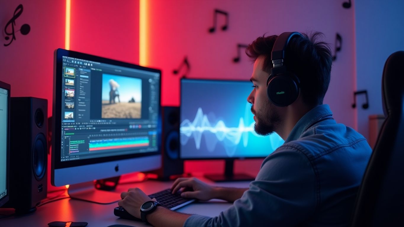 Person editing video with headphones and musical notes.