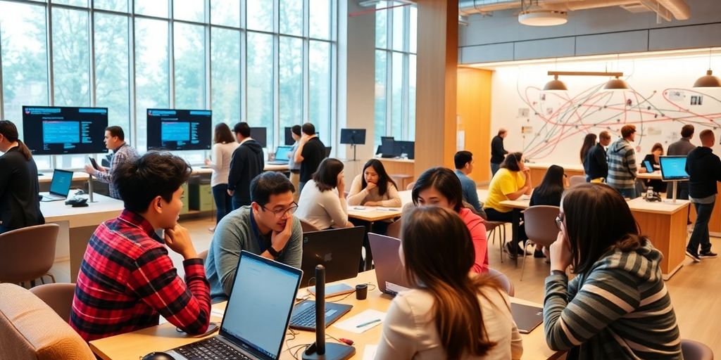 Harvard innovation center with students collaborating and brainstorming.