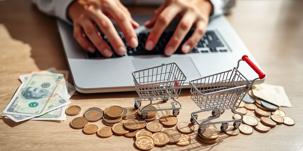 Laptop, money, and hands typing on keyboard.
