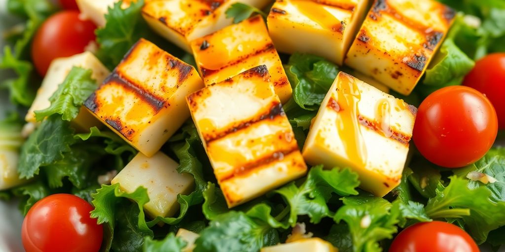 Warm halloumi salad with grilled cheese and fresh greens.