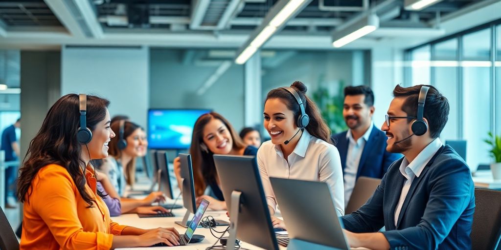 Equipo de servicio al cliente en oficina moderna.