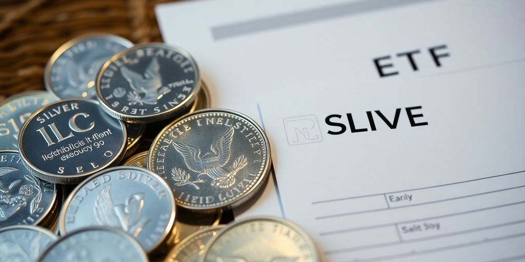 Coins d'argent physique et documents d'ETF.