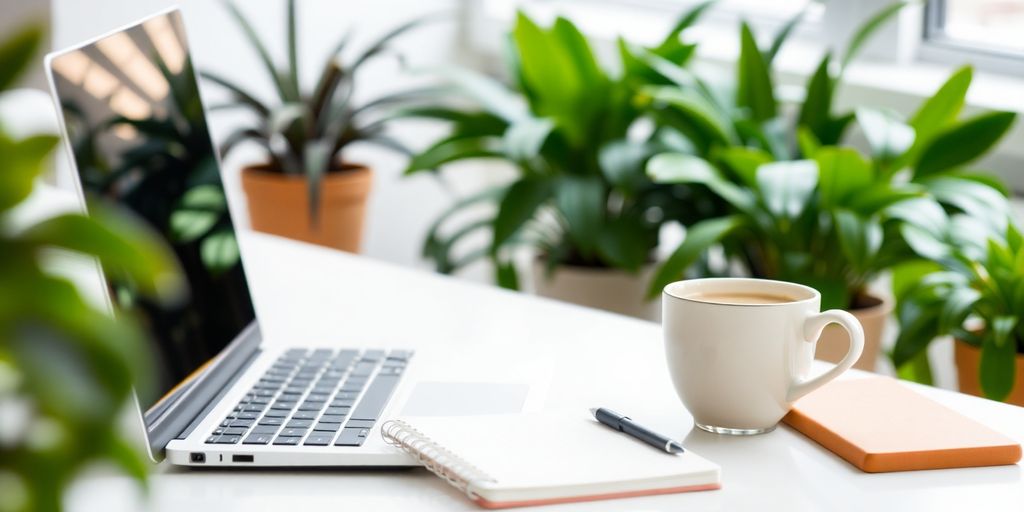 A bright workspace with a laptop and notepad.