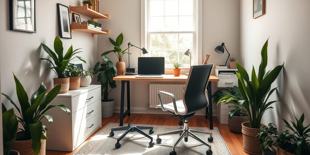 Cozy small home office with desk and plants.