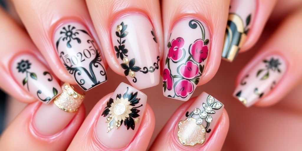 Unhas decoradas com designs sofisticados e elegantes.