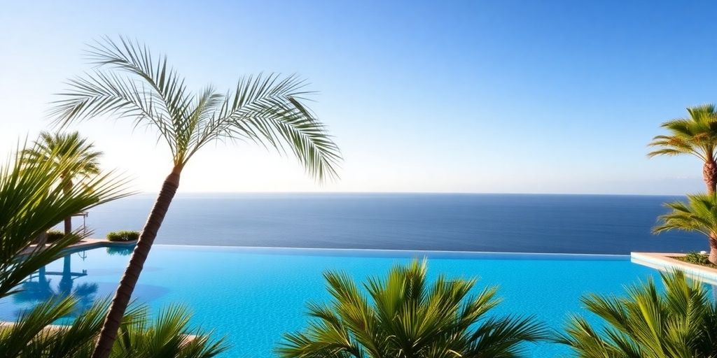 Luxury resort pool with ocean view in Los Cabos.