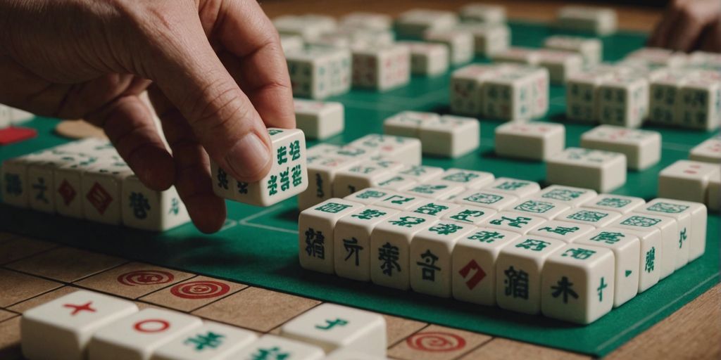 Close-up of a hand placing a Mahjong tile on a game board, with other tiles and a viewfinder visible.