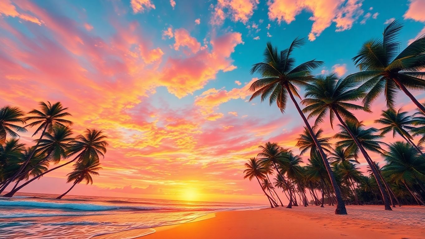 Tropical beach, palm trees, colorful sunset.
