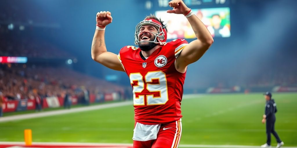 Travis Kelce on field, celebrating.