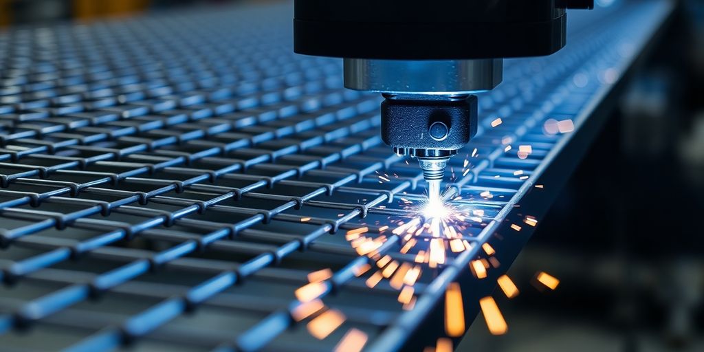 Close-up of a construction mesh welding machine in action.