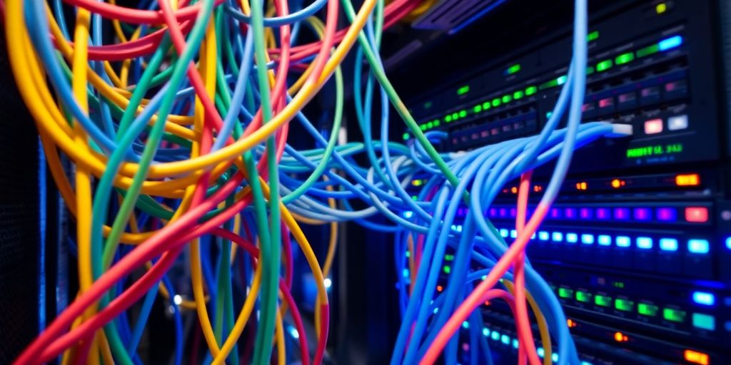 Network cables and routers in a high-tech data center.