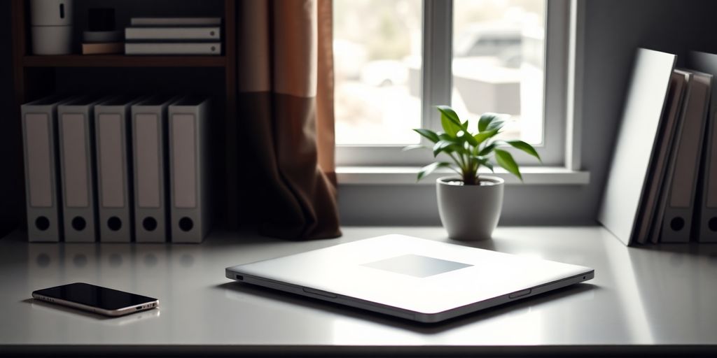 Sleek laptop on a stylish desk with organized folders.