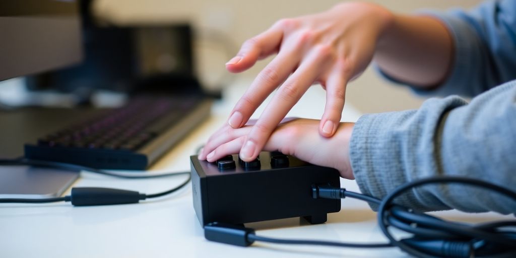 Person using a specialized computer mouse and keyboard setup.