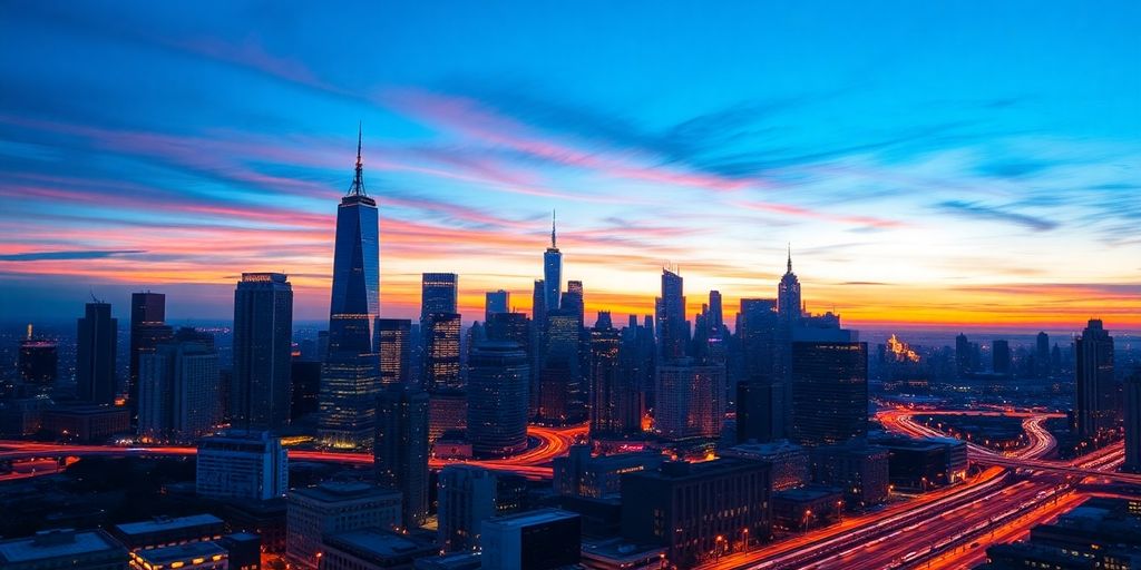 City skyline with digital currency symbols at dusk.