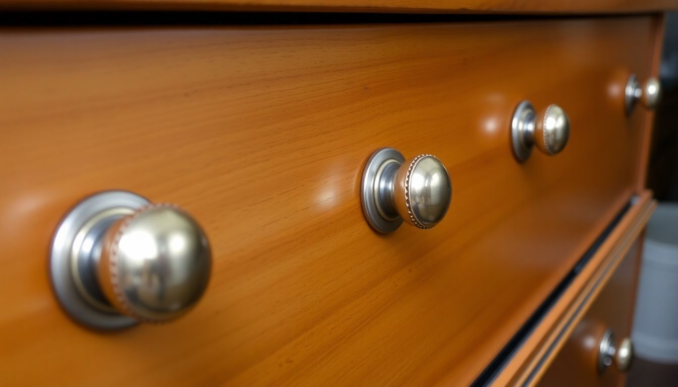 Refurbished furniture with new hardware and polished wood.