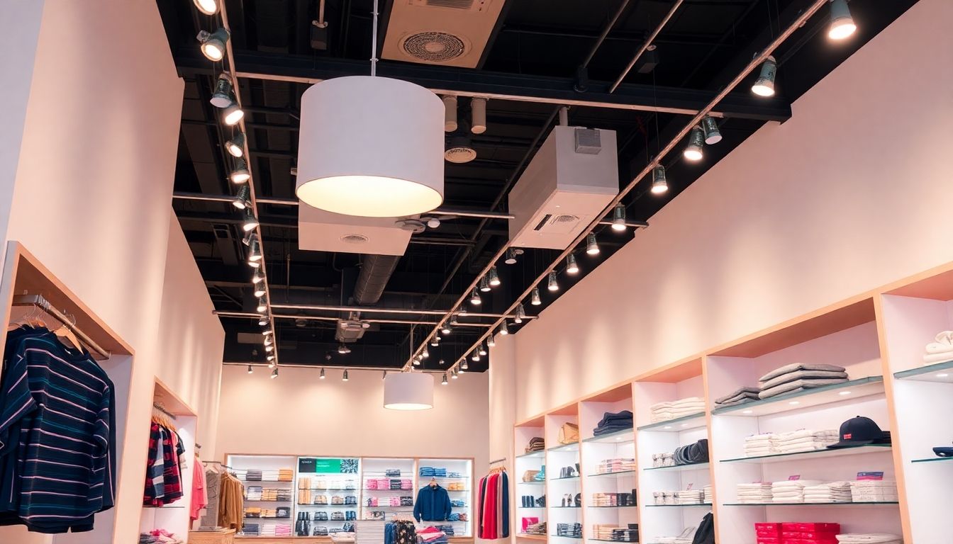 Brightly lit retail space with modern lighting fixtures.