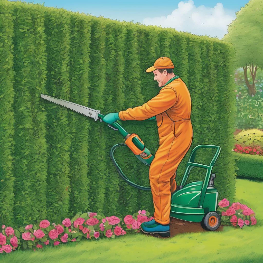gardener trimming hedge in a well-maintained garden