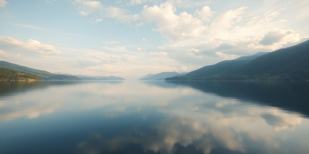 Tranquil lake and green hills reflecting calm energy.