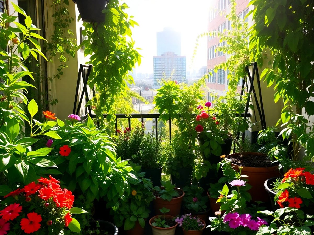 Balcon transformat în grădină urbană luxuriantă.