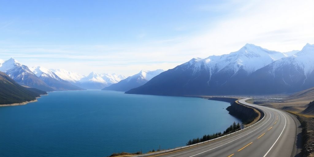 The scenic Seward Highway winding between mountains and coastal water.