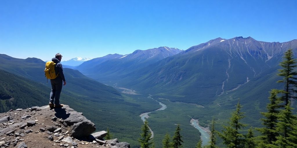 A hiker on a Girdwood mountain trail overlooking a valley.