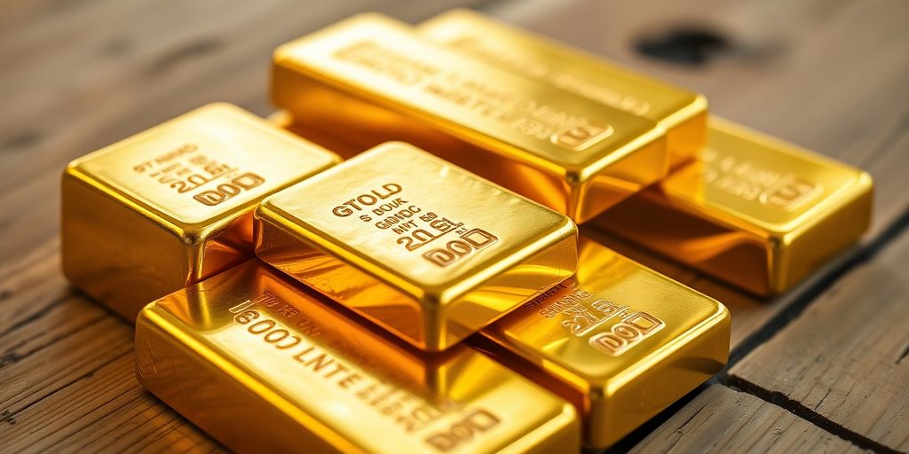 Lingots d'or empilés sur une table en bois clair