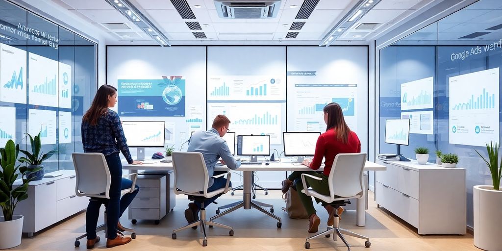 Profissionais de marketing digital em ambiente moderno.