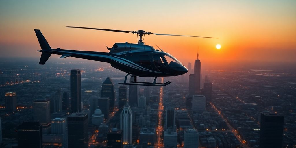 A helicopter flying over a glittering Texas city at dusk.