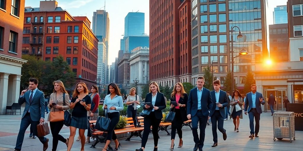 Professionals walking Philadelphia street with skyline and Liberty Bell monument