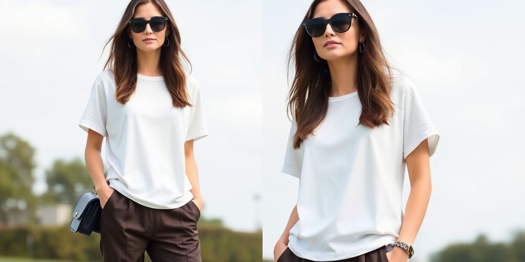 Woman in elegant loose T-shirt with chic accessories.