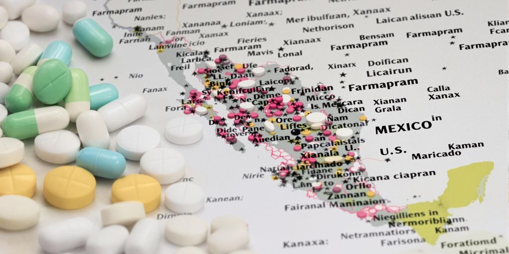 Farmapram and Xanax pills with a map of Mexico.