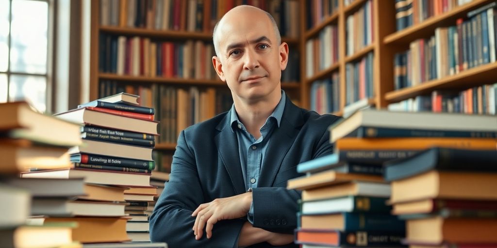 Jeff Bezos surrounded by books.