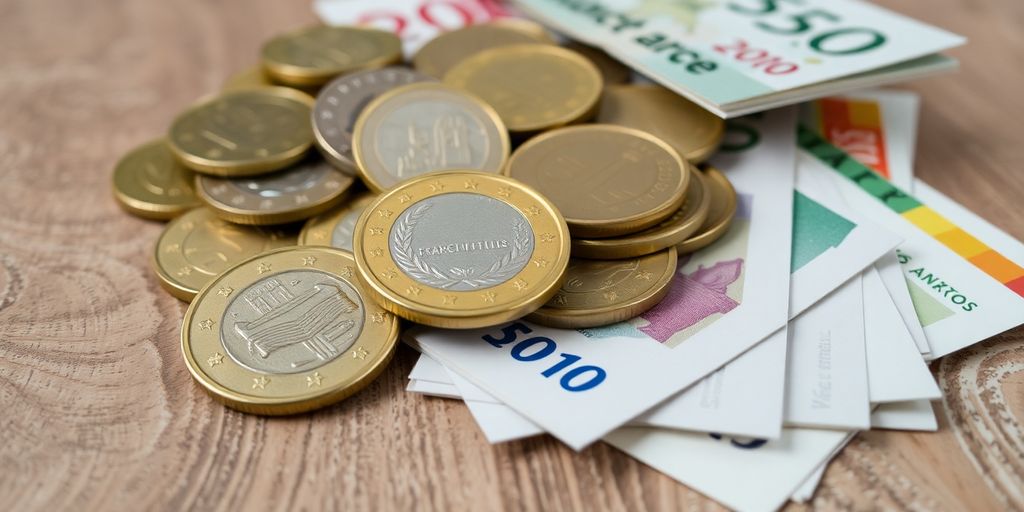 Une pile de pièces d'or et de billets sur une table en bois.